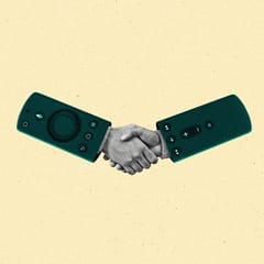 A CTV remote split made to look like the sleeves of two shaking hands.