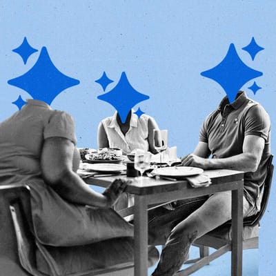 Three adults with AI sparkles for heads sit converse around a dinner table.