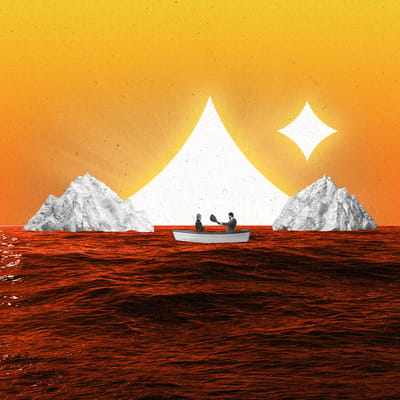 A row boat with people in suits navigating through peaking icebergs with one resembling a giant AI star