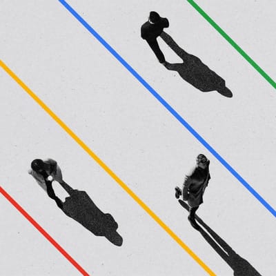 People walking with red, yellow, blue and green lines dividing their paths