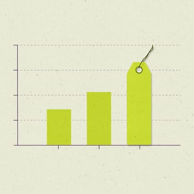 Three green bars lined up on a bar graph with one made to look like a brand tag.