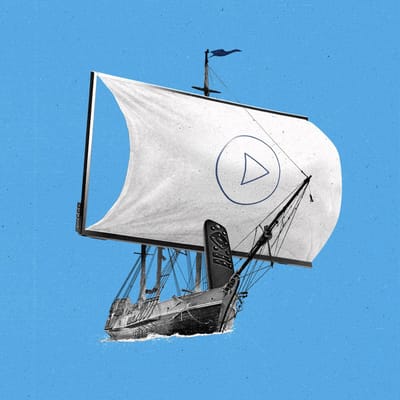 A boat with a giant sail with a play button on the sail and a CTV remote.
