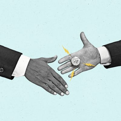 Two hands reaching out for a handshake while one hand is wearing a prank AI buzzer