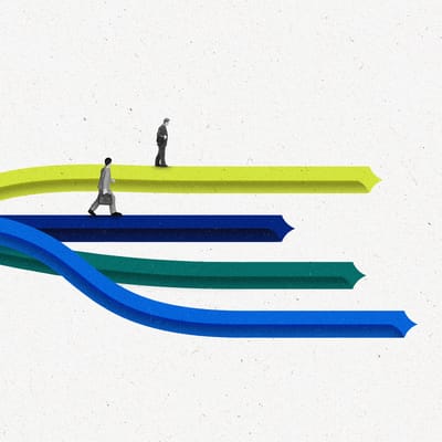 Miniature figures walking across lines made from extended AI sparkles