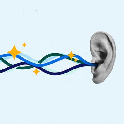 Human ear with colorful sound waves representing audio listening and engagement.