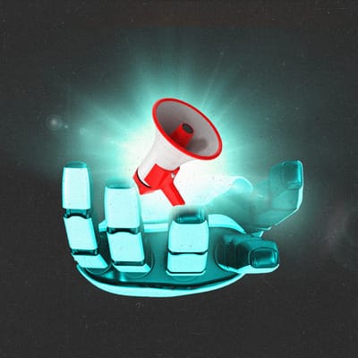 Robot hand holding a small, floating, glowing megaphone