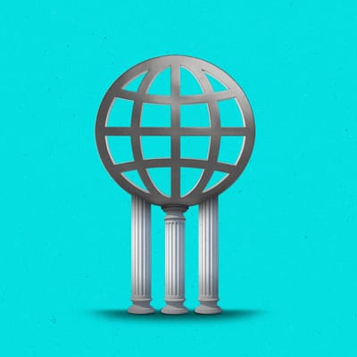 Three pillars holding up a large, 3 dimesional web icon.