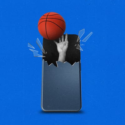 A hand shooting a basketball out of a phone, shattering the top of it.