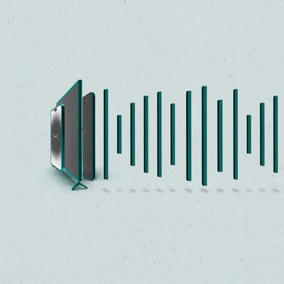 A cellphone, a TV, and a tablet are lined up continued by varying bars creating a sound wave.