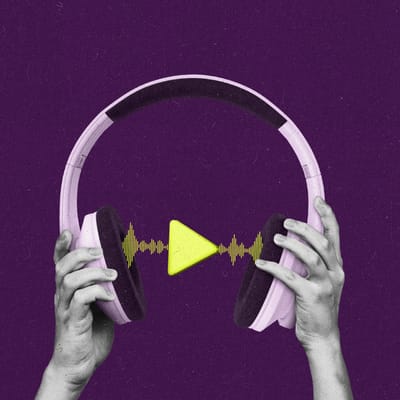 Hands holding over-ear headphones with a sound wave form and play button between the ears.