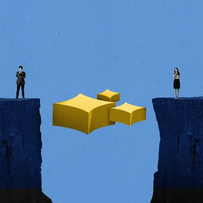 Two people stand on opposing cliffs with an AI sparkle in the middle.
