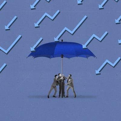 Group of people in suits hold a large umbrella up with light blue arrows raining down on them.