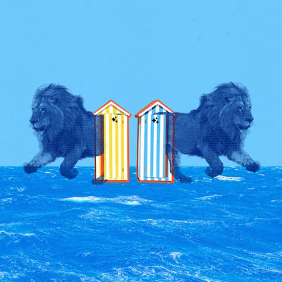 Two bitmap lions emerging from Cannes beach bungalows.