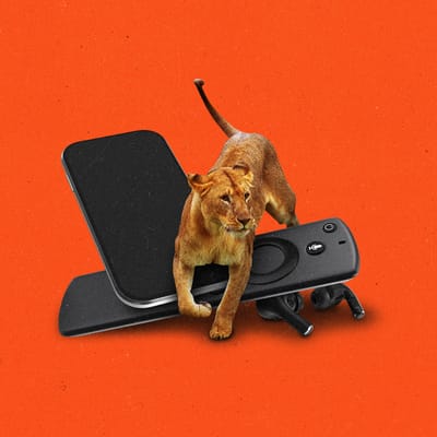 Female lion jumping over a pile of devices, a smartphone, streaming remote, and bluetooth earbuds.