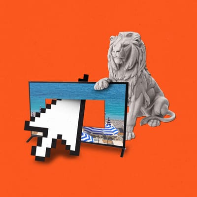 Lion statue holding a TV displaying a French beach, with a pixellated cursor pointing through the screen.