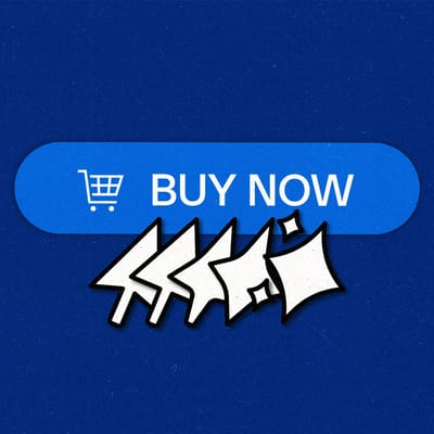 A "Buy now" button with a shopping cart symbol with a cursor transforming to AI sparkles underneath it.