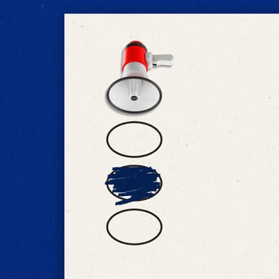 Megaphone pointing down towards bubbles on a ballot, with one filled in.