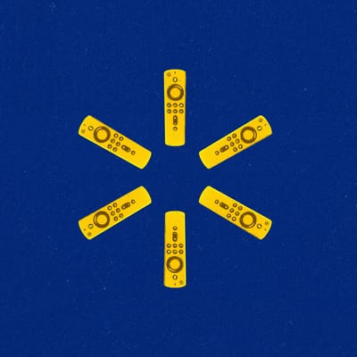 Yellow streaming remotes arranged in a circle/startburst on a blue background.