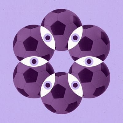 A radial patten composed of soccer balls with overlapping parts made to look like eyes.