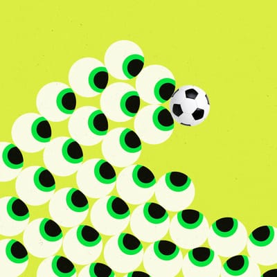 A wave of eyes all looking towards a soccer ball being carried at the crest of the wave.