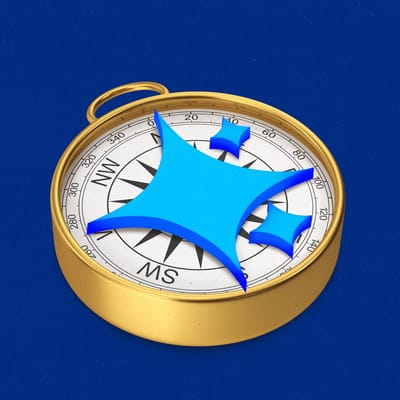A compass with an AI sparkle in the center as a pointer.