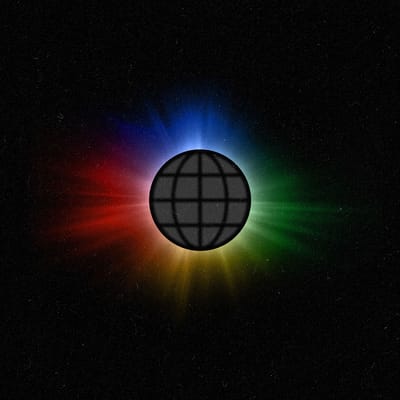 An internet icon in an ominous solar eclipse in blue, red, yellow, and green colors.