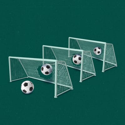 Soccer balls traveling and breaking through three lined-up goals