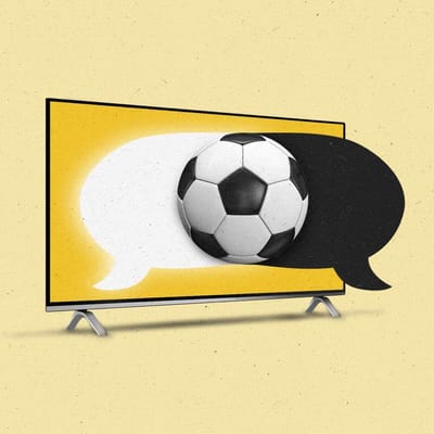 Yellow graphic of a soccer ball and word bubble over a television