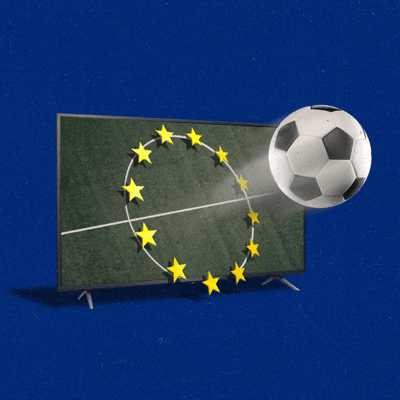 A soccer ball kicked out of a TV through the European Union stars