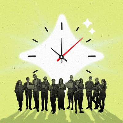 A diamond shape clock is in the background of a group of business people.