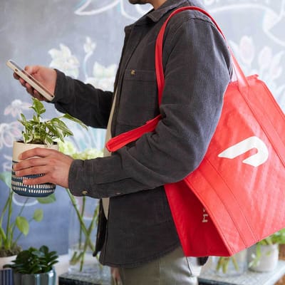 Man with a Doordash bag holds a plant and his phone.