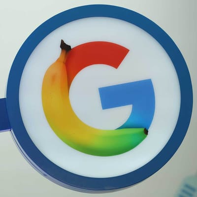 A Google logo with a banana hangs at the launch of the new Google AI Center Berlin