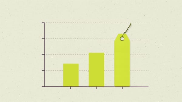 Three green bars lined up on a bar graph with one made to look like a brand tag.