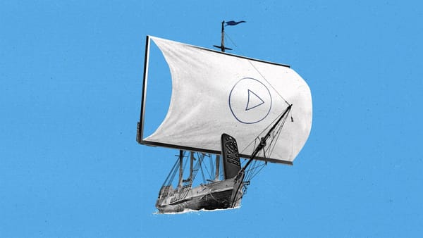 A boat with a giant sail with a play button on the sail and a CTV remote.