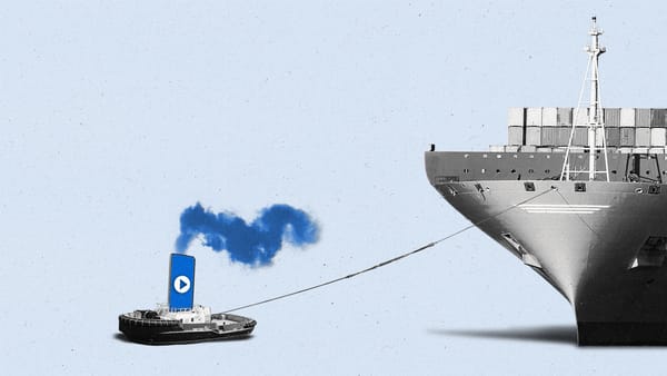 A tug boat with a phone and play button pulls a giant ship