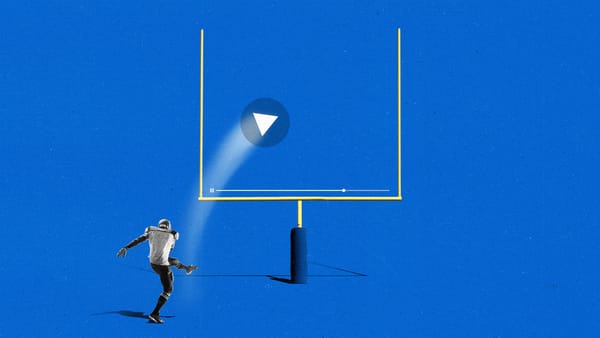 A football kicker kicks a video play button through yellow field goal posts against a blue background.