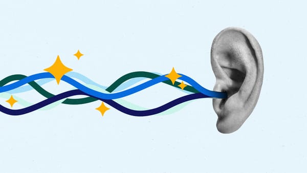 Human ear with colorful sound waves representing audio listening and engagement.