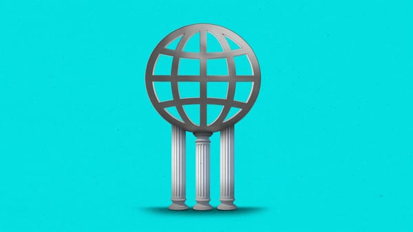 Three pillars holding up a large, 3 dimesional web icon.