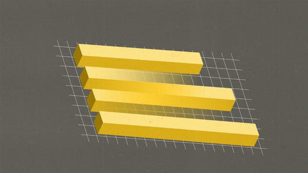 a bar graph going both ways in the shape of an impossible object behind a grid.