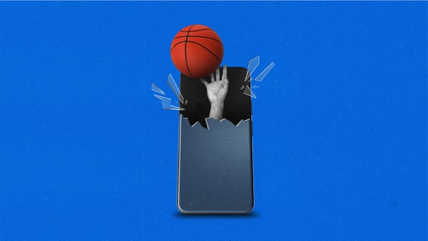 A hand shooting a basketball out of a phone, shattering the top of it.