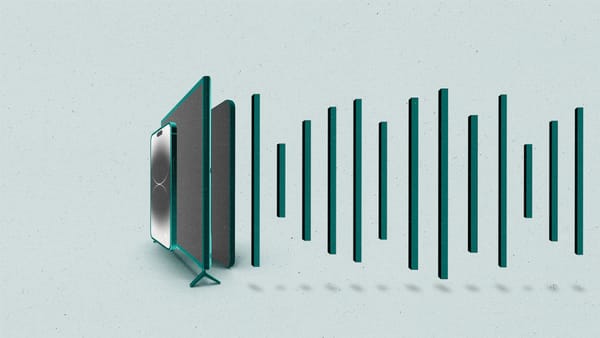 A cellphone, a TV, and a tablet are lined up continued by varying bars creating a sound wave.