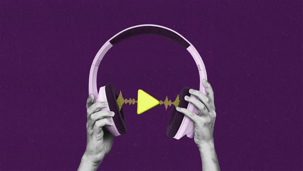 Hands holding over-ear headphones with a sound wave form and play button between the ears.