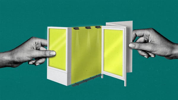 Hands pull open a brochure with it's pages resembling various digital out of home displays and billboard