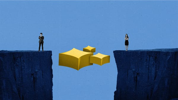 Two people stand on opposing cliffs with an AI sparkle in the middle.
