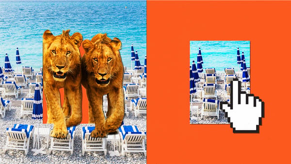 Two lions walk by beach chairs and a cursor.