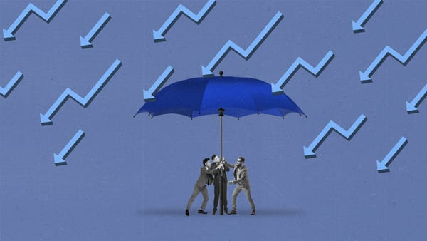 Group of people in suits hold a large umbrella up with light blue arrows raining down on them.