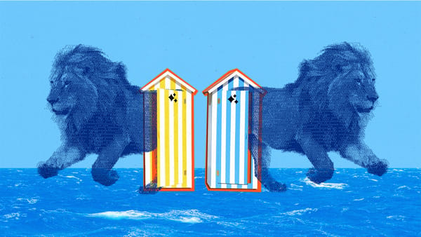 Two bitmap lions emerging from Cannes beach bungalows.