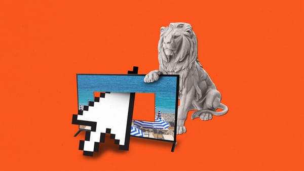 Lion statue holding a TV displaying a French beach, with a pixellated cursor pointing through the screen.