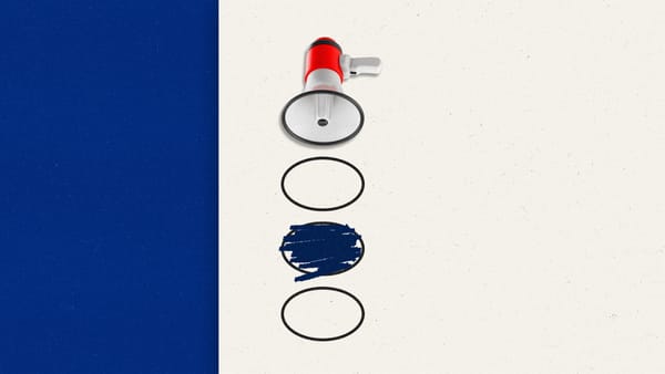 Megaphone pointing down towards bubbles on a ballot, with one filled in.