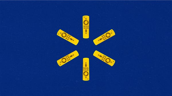 Yellow streaming remotes arranged in a circle/startburst on a blue background.